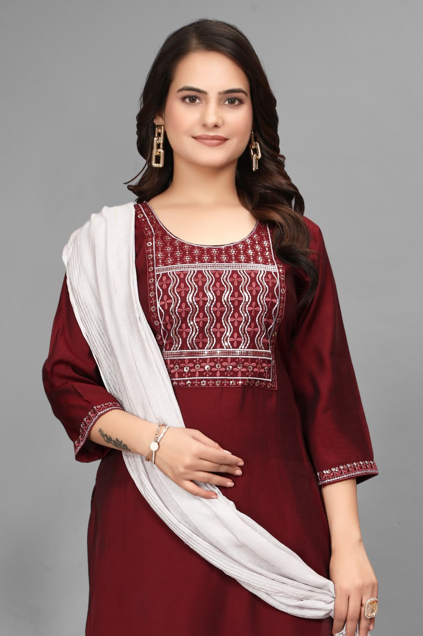 Sundar Saajh – Deep maroon Kurta Set With Elegant Embroidery