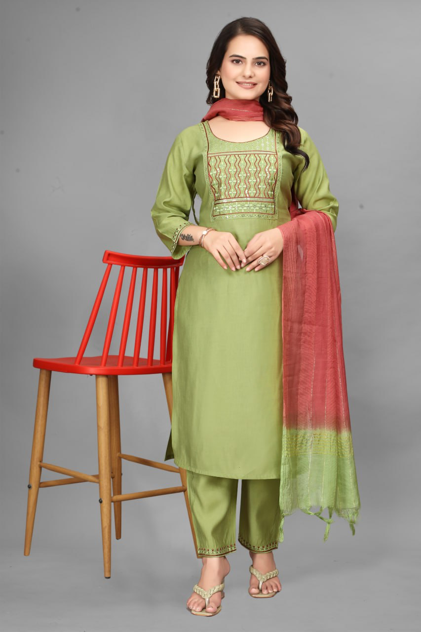 Chandni Chowk Charm – Pista Green Embroidered Kurta Set with Rust Ombre Dupatta
