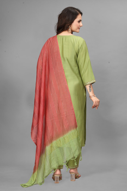 Chandni Chowk Charm – Pista Green Embroidered Kurta Set with Rust Ombre Dupatta