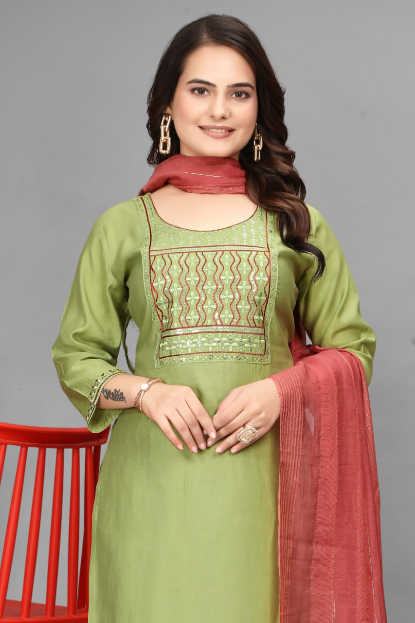 Chandni Chowk Charm – Pista Green Embroidered Kurta Set with Rust Ombre Dupatta