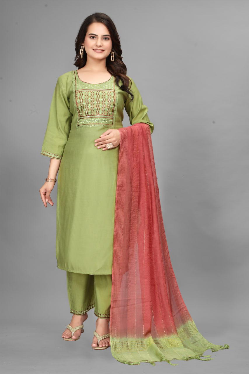 Chandni Chowk Charm – Pista Green Embroidered Kurta Set with Rust Ombre Dupatta
