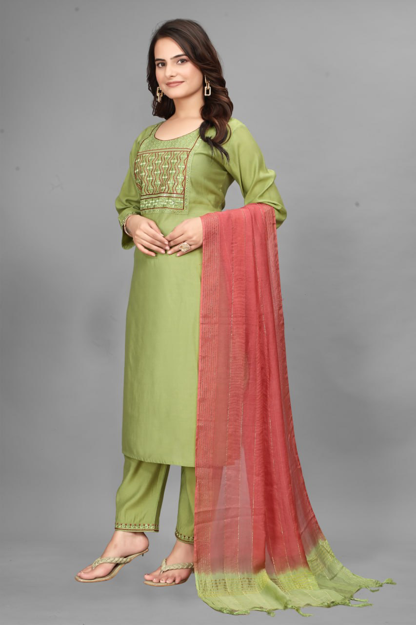Chandni Chowk Charm – Pista Green Embroidered Kurta Set with Rust Ombre Dupatta