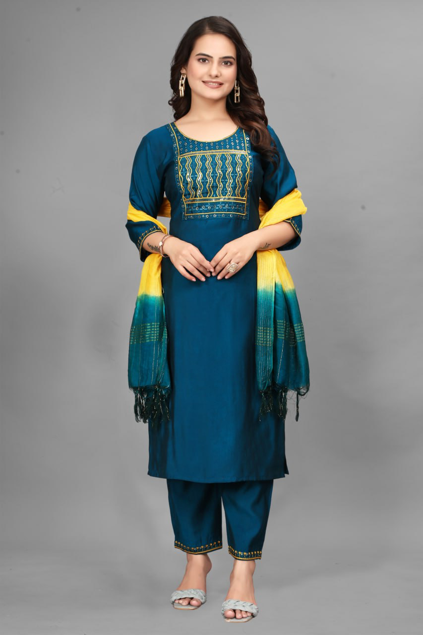Rang-e-Riwaz — Teal Blue Embroidered Kurta Set with Yellow Ombre Dupatta