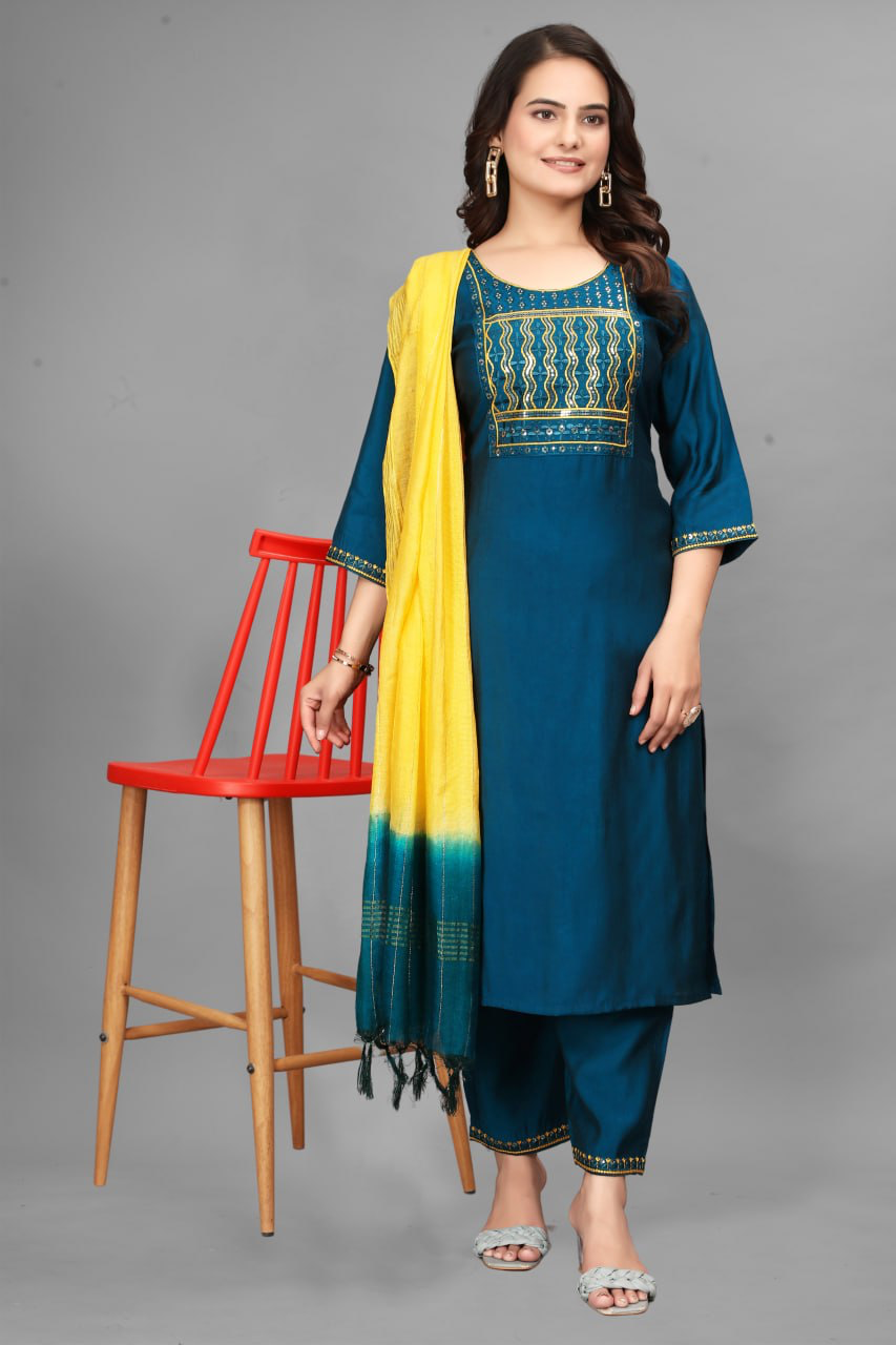 Rang-e-Riwaz — Teal Blue Embroidered Kurta Set with Yellow Ombre Dupatta