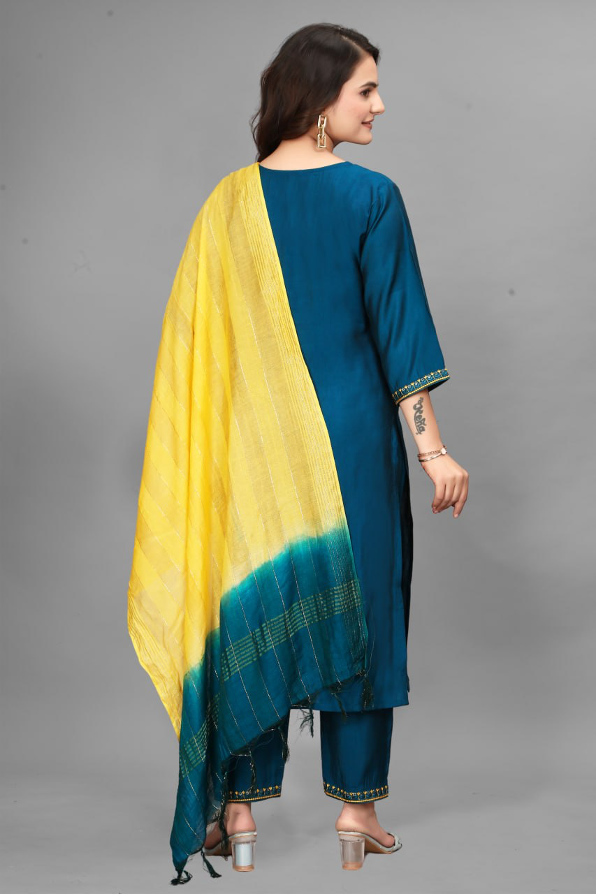 Rang-e-Riwaz — Teal Blue Embroidered Kurta Set with Yellow Ombre Dupatta