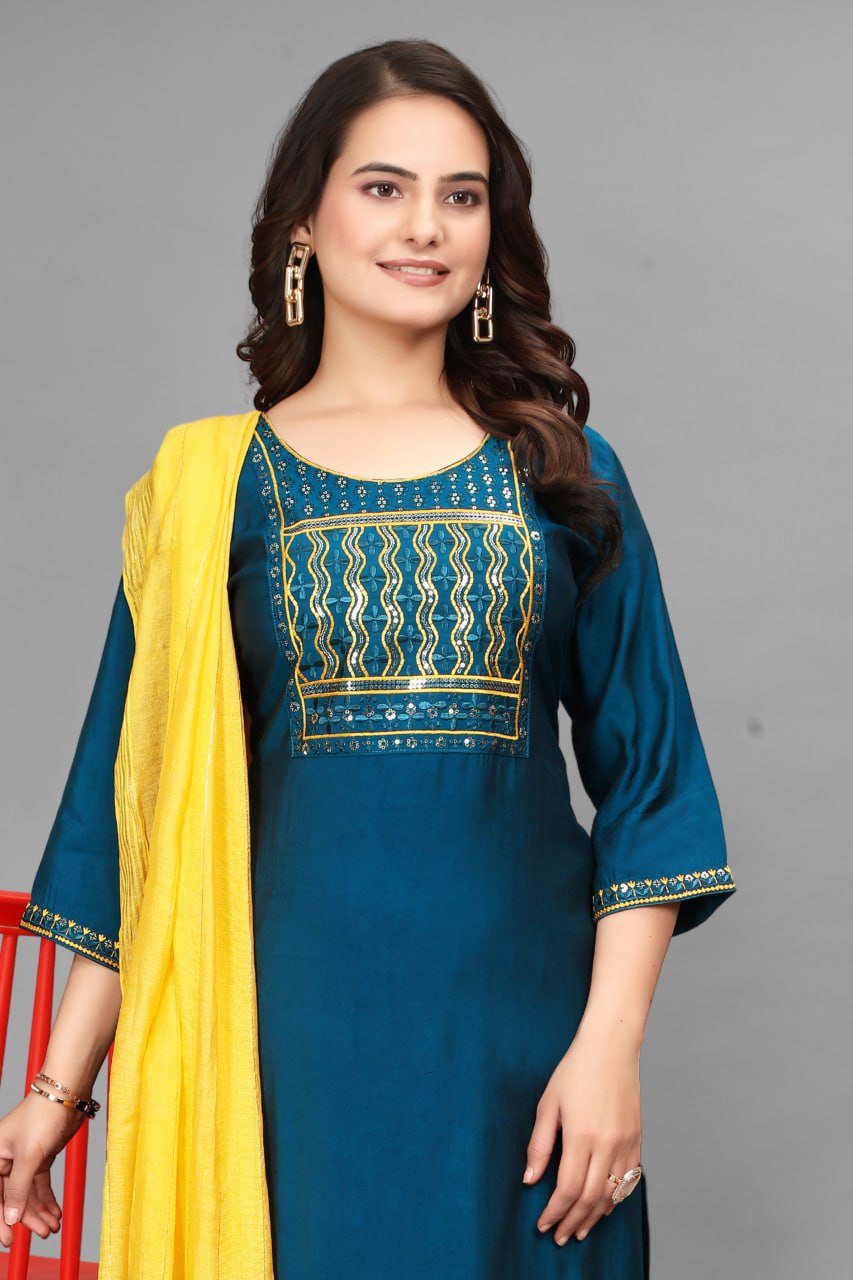 Rang-e-Riwaz — Teal Blue Embroidered Kurta Set with Yellow Ombre Dupatta