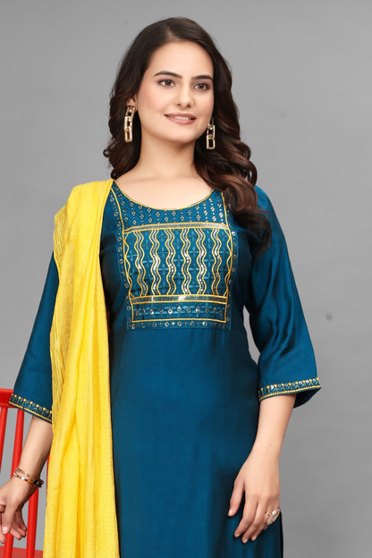Rang-e-Riwaz — Teal Blue Embroidered Kurta Set with Yellow Ombre Dupatta