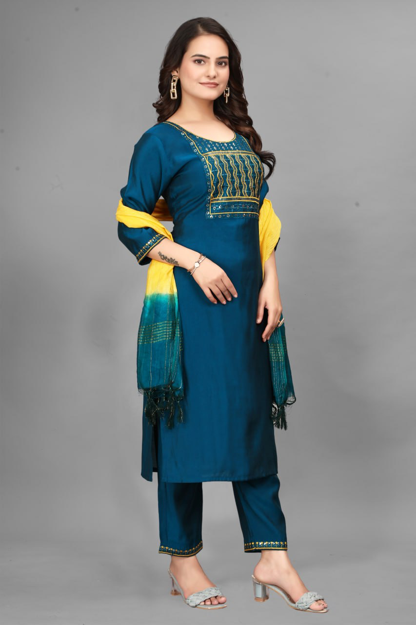 Rang-e-Riwaz — Teal Blue Embroidered Kurta Set with Yellow Ombre Dupatta