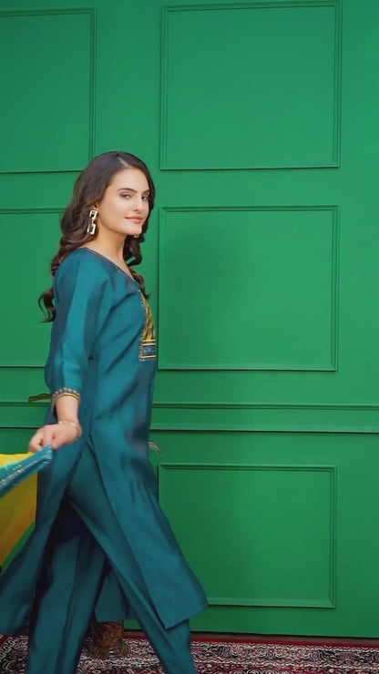 Rang-e-Riwaz — Teal Blue Embroidered Kurta Set with Yellow Ombre Dupatta